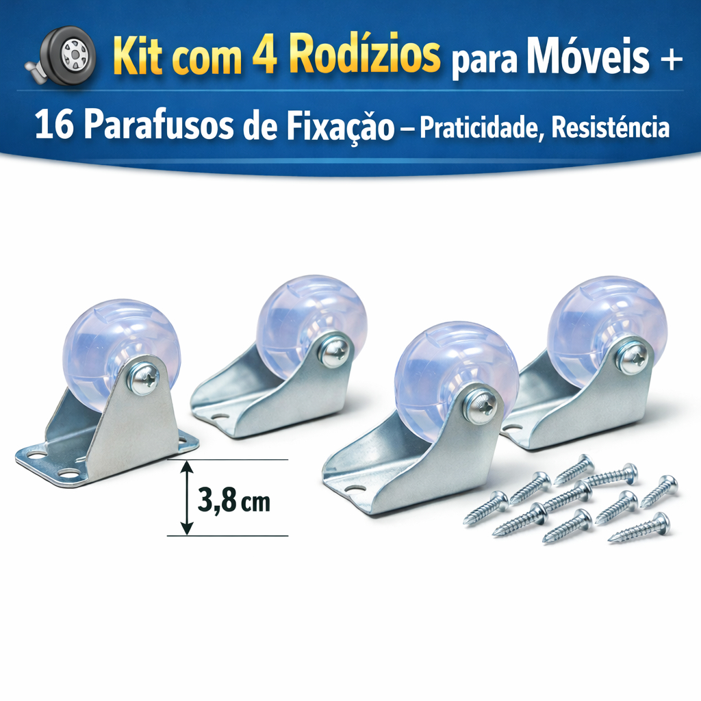 🛞 Kit com 4 Rodízios para Móveis + 16 Parafusos de Fixação – Alta Resistência e Fácil Instalação