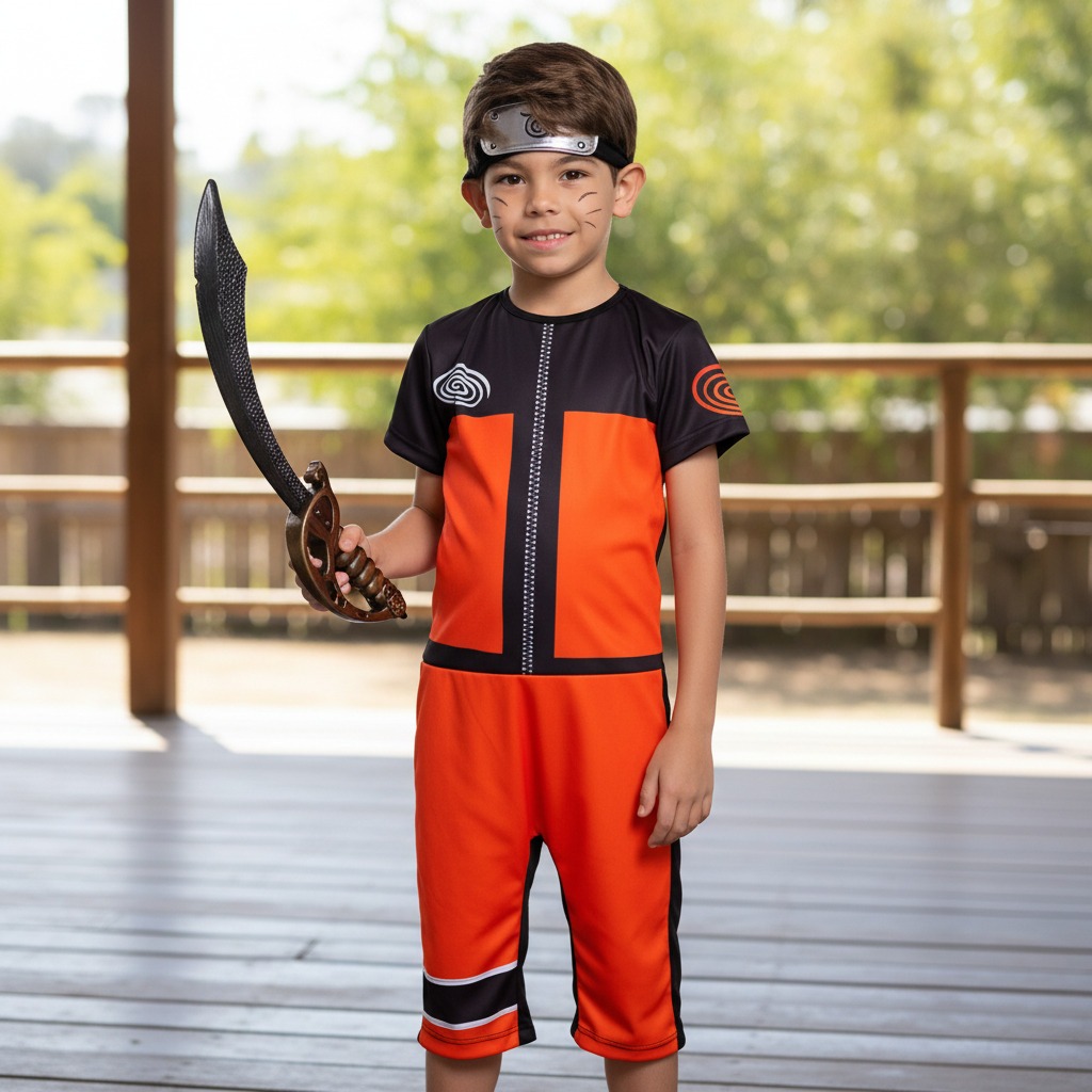 Fantasia Infantil Naruto Uzumaki Ninja Cosplay + BRINDE Bandana Festa Halloween Dia Das Criança