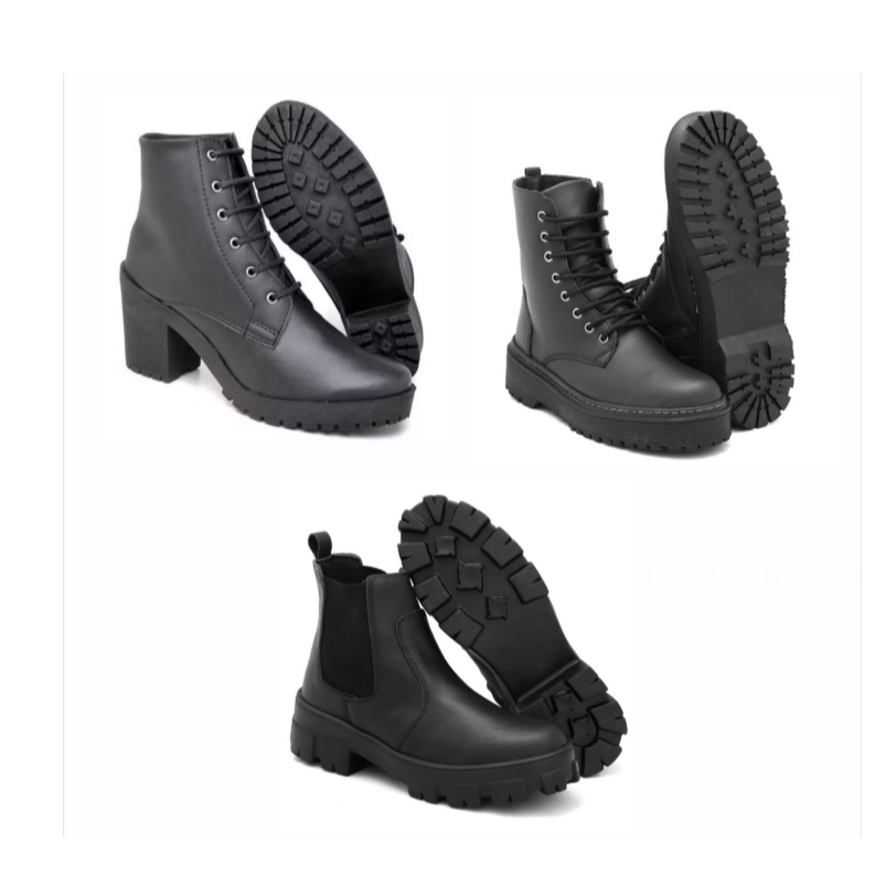 Bota feminina de borracha preta+ Bota feminina cano médio sola reta+ bota feminina com salto grosso preto