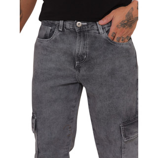 Calça Cargo Masculina Jeans  Cinza Grafite Com Linha Invertida Costura Linha Branca