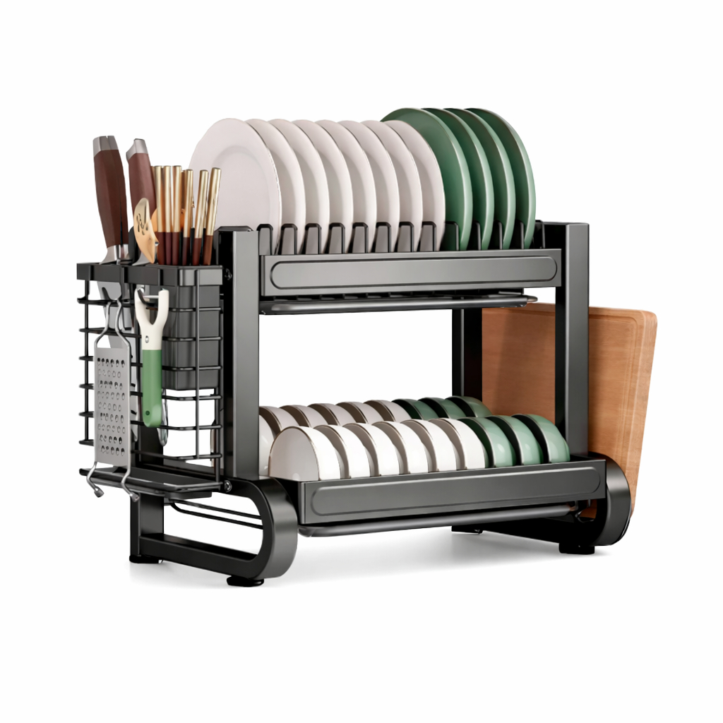 Escorredor de Louça Duplo Multifuncional Suporte para Pratos Talheres e Tábua de Corte Em Aço