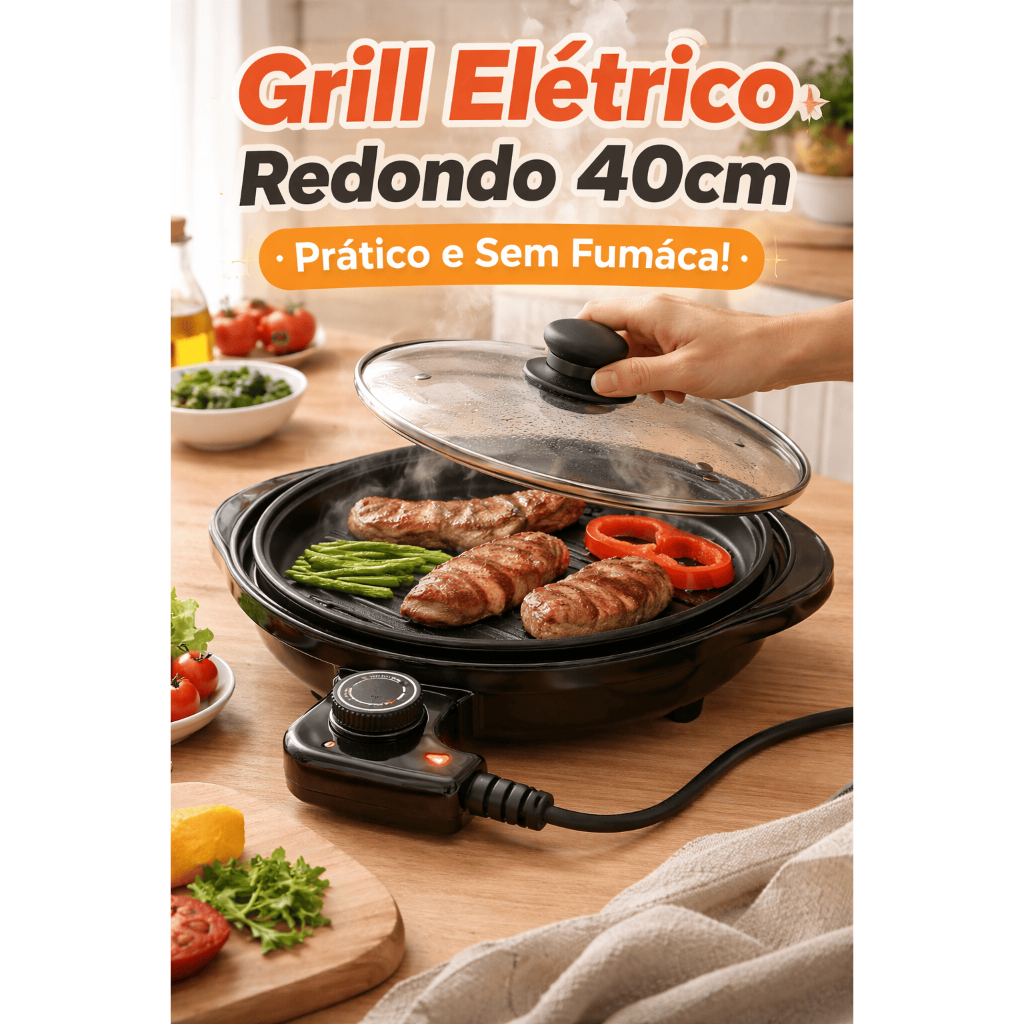 Churrasqueira Eletrica Grill Redondo Antiaderente com Tampa Controle de Temperatura Para Apartamento