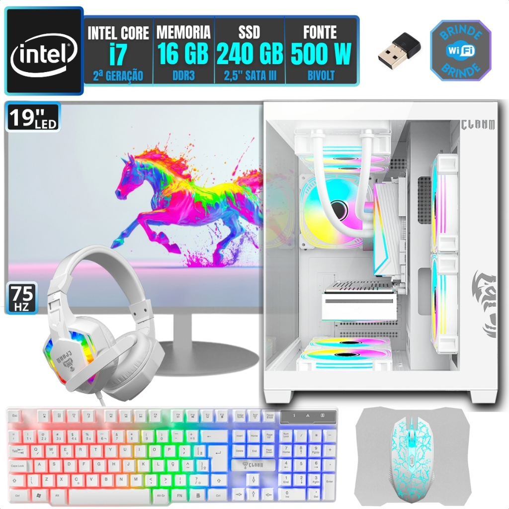 PC Gamer Computador Completo Kit Intel i7 16GB SSD 240GB Monitor 19 Gabinete e Combo Branco Pronto