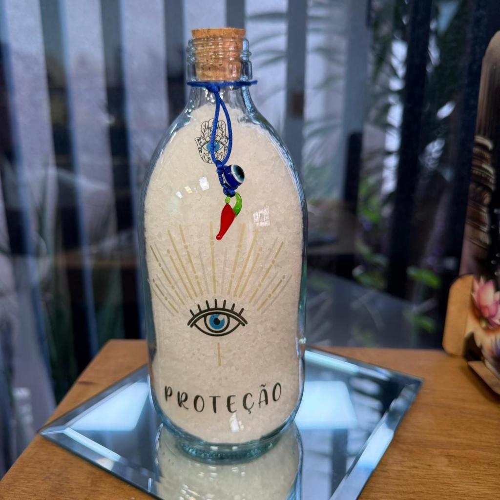 Garrafa Decorativa de Vidro Amuleto de Proteção Olho Grego - Proteção e Sal Grosso - Decoração Espiritual