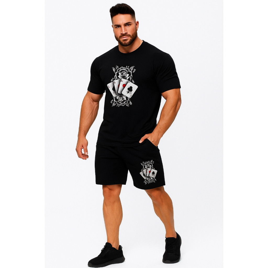 CONJUNTO MASCULINO BERMUDA MOLETOM+CAMISETA ESTILOSO CARTAS FLOR