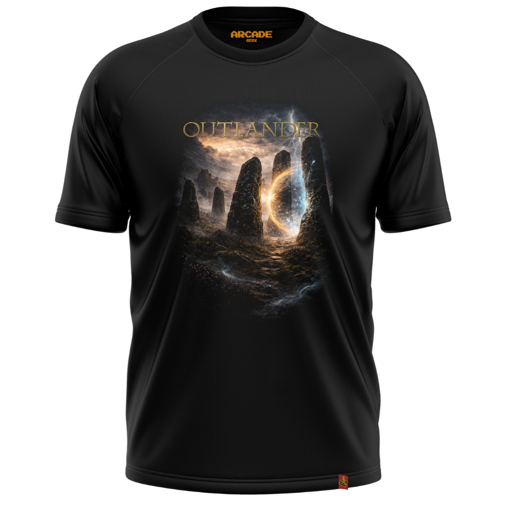 Camiseta Series OutLander Romance Pedras Escócia Highland Casal Clare jaime