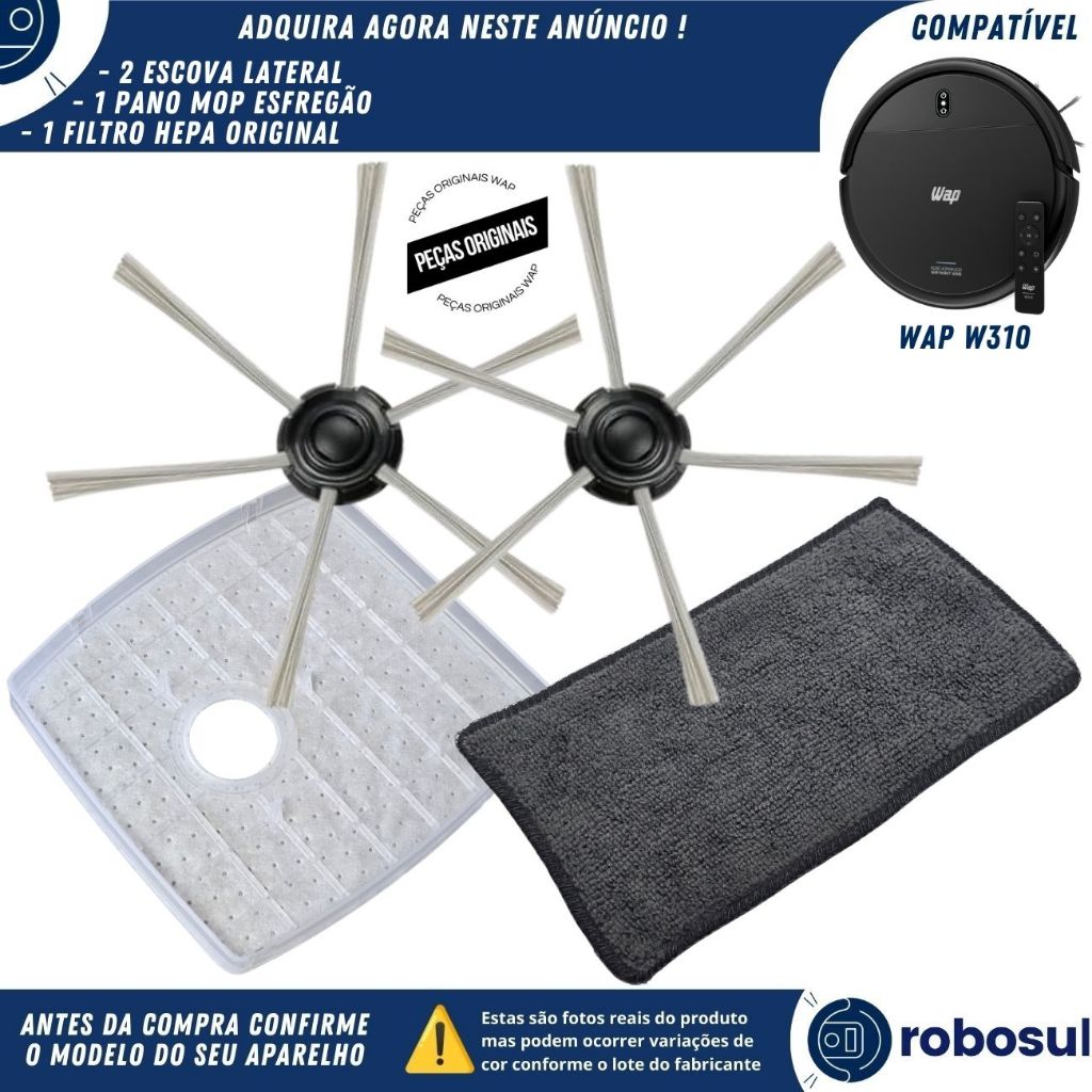 2 Escova Lateral Filtro Hepa Pano Mop Esfregão Original Para Robô Aspirador Wap Robot W310