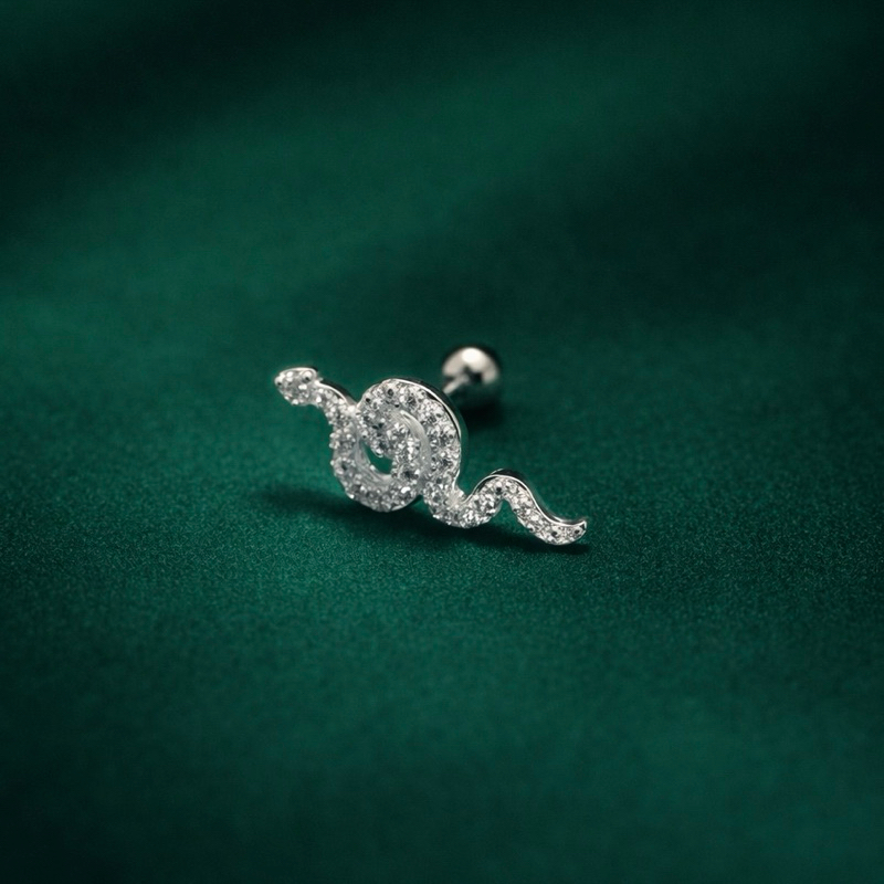 Piercing Cobra Tragus Cravejado em Prata 925 Legítima Fake Feminino