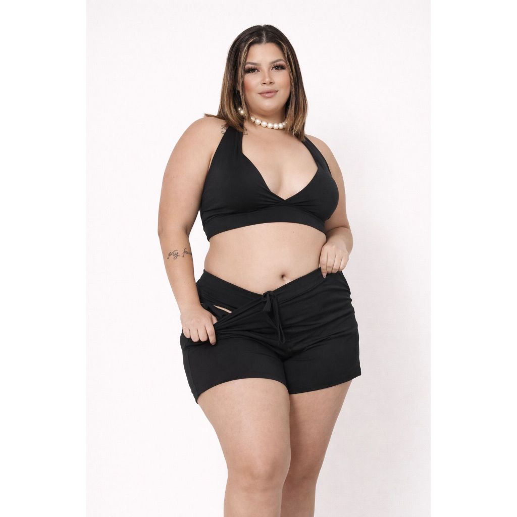 conjunto Triquini 3 peças PLUS SIZE short calçinha  biquini elegante modelador tecido poliamida moda