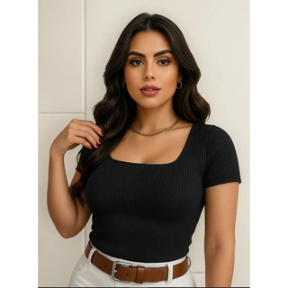Blusa Feminina Canelada Decote QUADRADO Manga Curta Casual