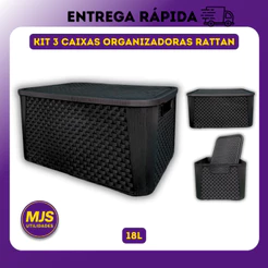 Kit 3 x Caixas Organizadora Rattan 18 Litros Cesto Organizador Multiuso Plastico Reforçado Com Tampa