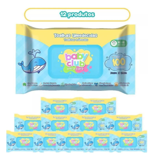 Kit 12 Lenços Umedecidos Baby Club 100 Unid. | Toalha e Lencinho para Bebê