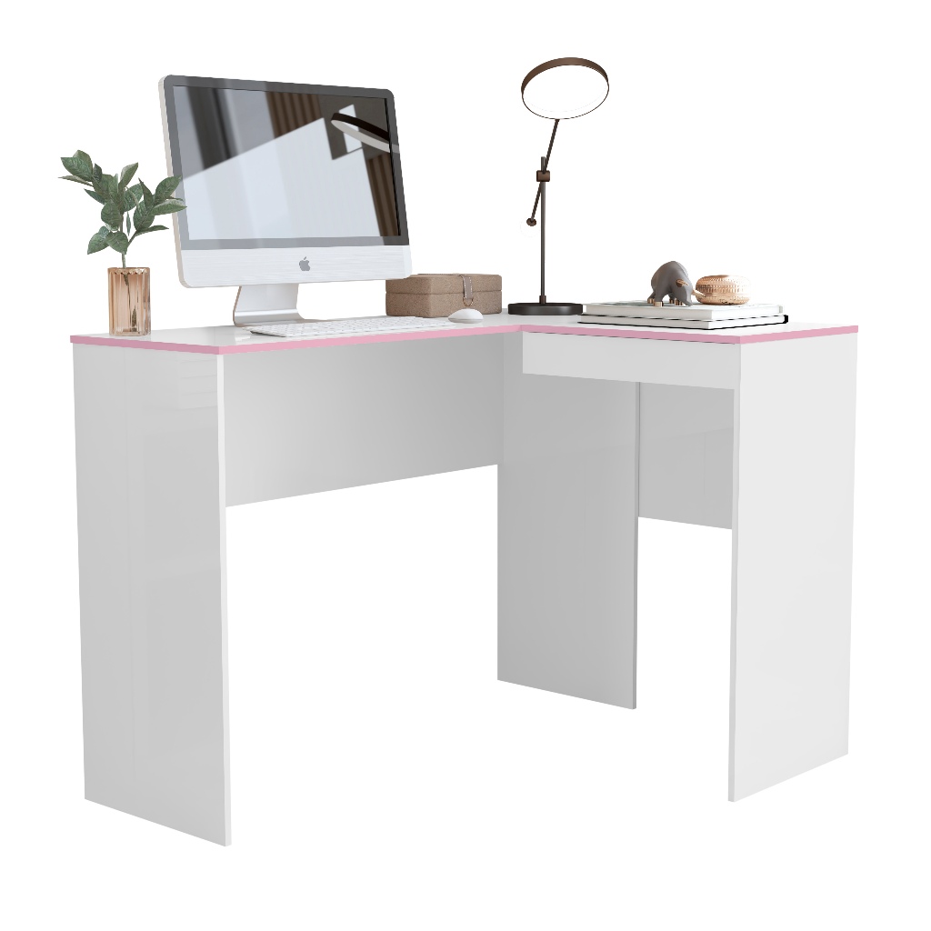Mesa Escrivaninha Penteadeira 2 Em 1 Com Porta Articulada Bau em L - Branco com Rosa