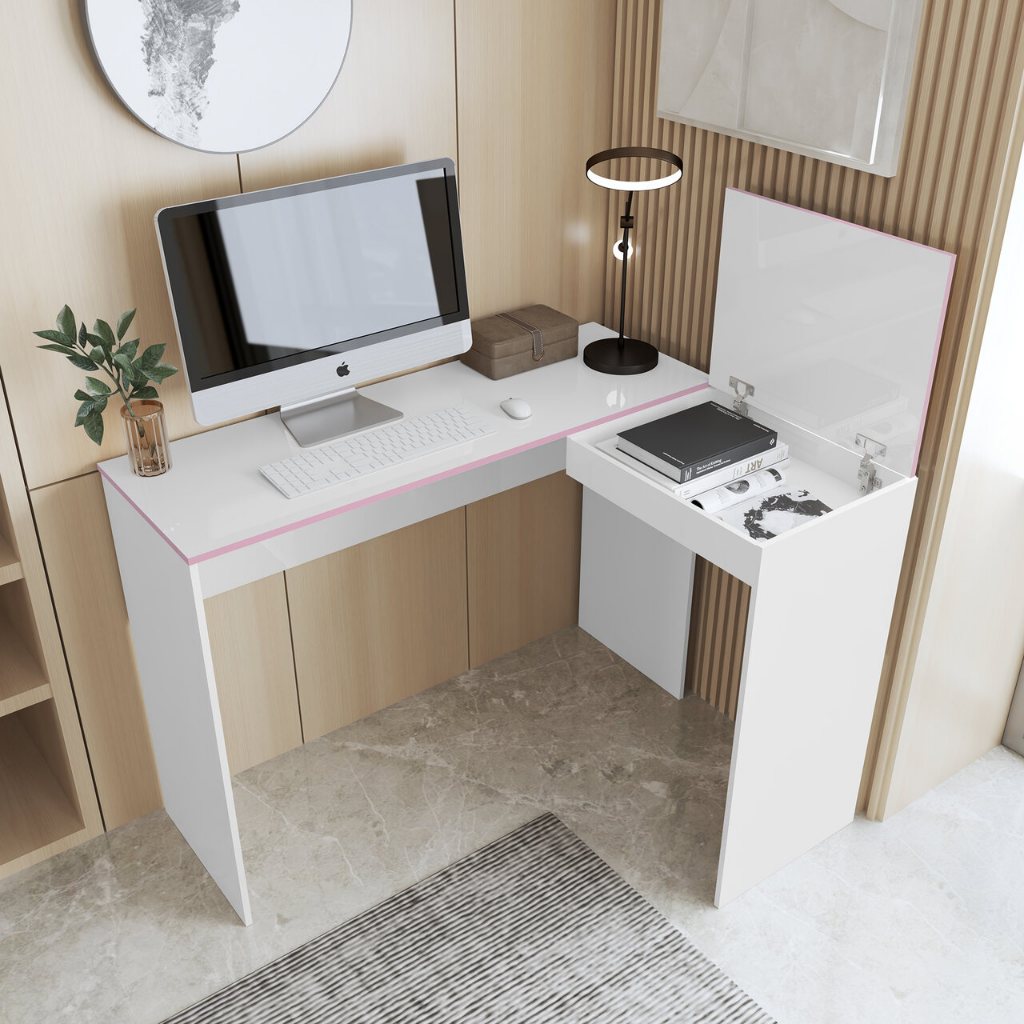 Mesa Escrivaninha Penteadeira 2 Em 1 Com Porta Articulada Bau em L Moderna Belgica - Branco
