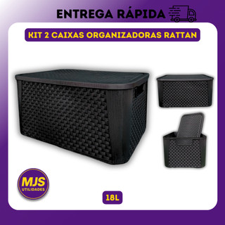 2 X Caixas Organizadora Rattan 18 Litros Cesto Organizador Multiuso Plastico Reforçado Com Tampa 18L
