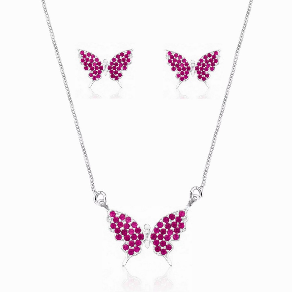 Conjunto Colar e Brinco Borboleta Cravejado com Pedras Rosas em Prata 925