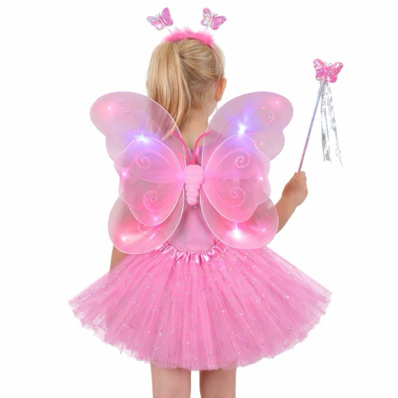 Fantasia Infantil Fada Borboleta Rosa Luz Led Pisca Pisca 4 Peças Asa +Varinha +Tiara +Saia 3 a 5 anos em Oferta na Shopee