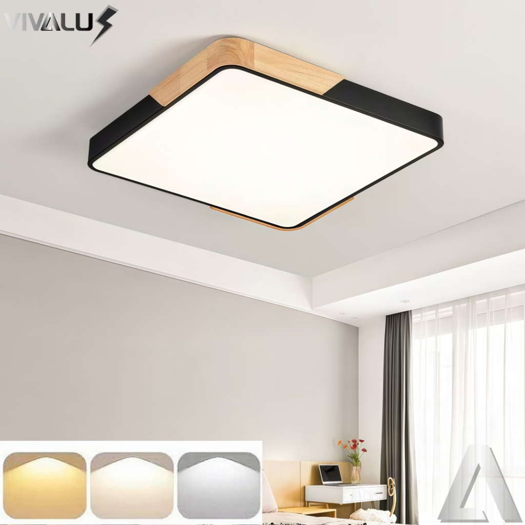 Lustre Plafon Madeira Quadrada Led 24w 36w 48w Bivolts Tamanho 30cm / 40cm / 50cm Luminária de Teto