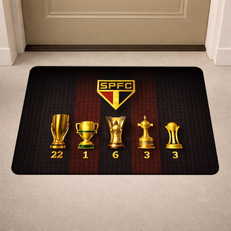 Tapete de Porta Antiderrapante - Time de Futebol - Taças - São Paulo - Entrada - 40x60