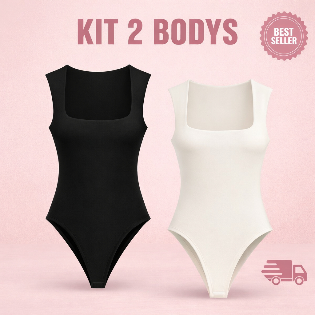 Kit 2 Body Feminino Decote Quadrado Alças Grossas Collant Casual Elegante Suplex Com Forro Feminino