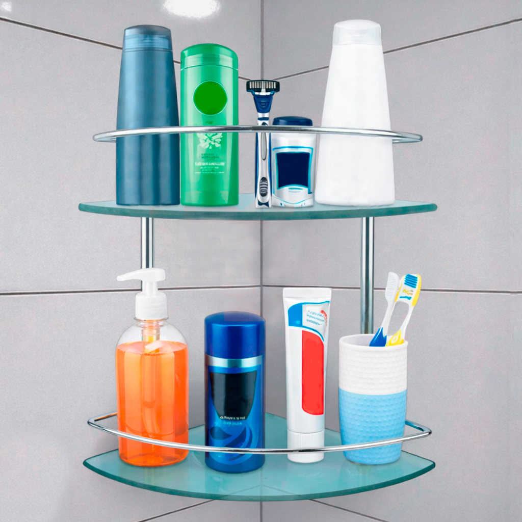 Porta Shampoo Prateleira Duplo Banheiro Luxo Resistente Suporte Canto Box Vidro Cromado Polido 3557