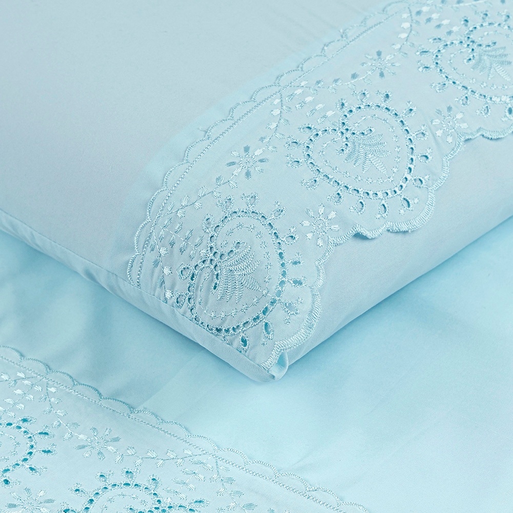 Jogo de Lençol Solteiro Casal Queen King Percal 200 Fios Bordado Inglês Lese 3 e 4 Peças