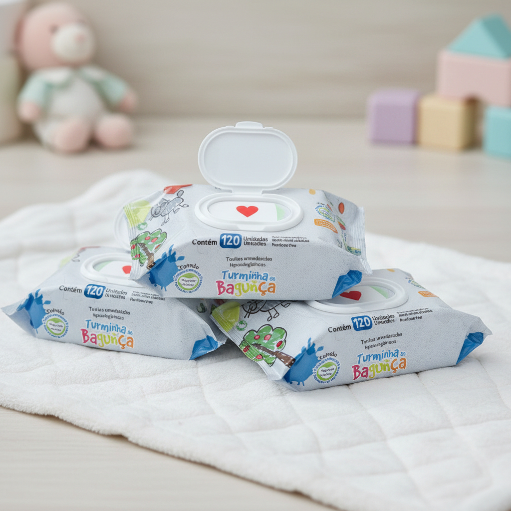 Kit 03 Pacotes Toalhas Umedecidas TURMINHA DA BAGUNÇA- 120 folhas 19x13cm com Tampa  - 98% Água