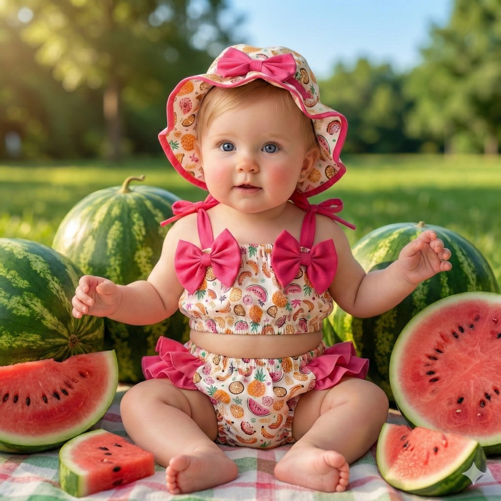 Banho De Sol Frutinha Fruta Tropical Bebê Menina Verão Praia Piscina Algodão Fresco Estampa Infantil