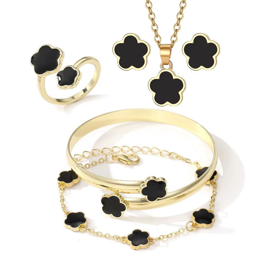 Kit de Joias Femininas 5 Peças Trevo Black Premium Colar Brincos Anel Pulseiras Banhadas a Ouro 18k Moda Luxuosa Gold