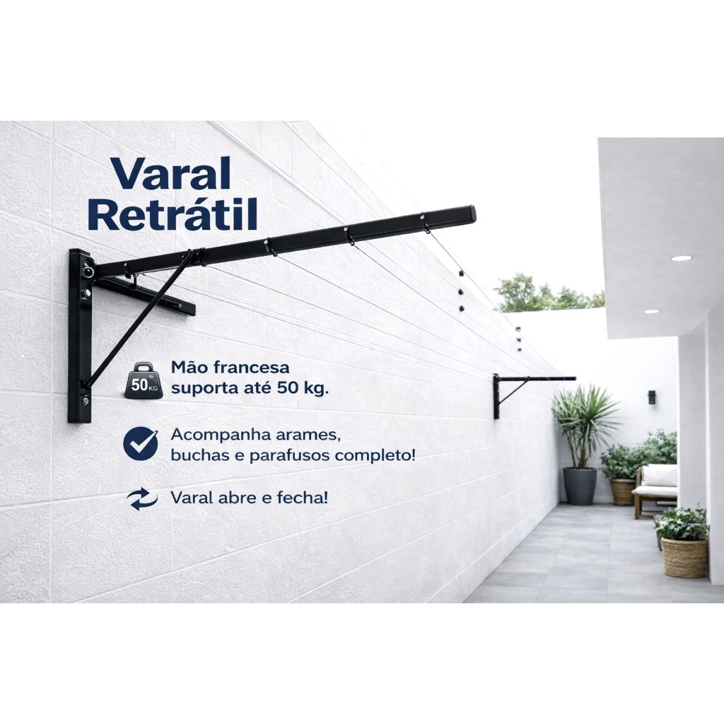 Varal Retrátil 25m com Kit de Instalação Completo – Corda de Aço Revestida e Alta Durabilidade