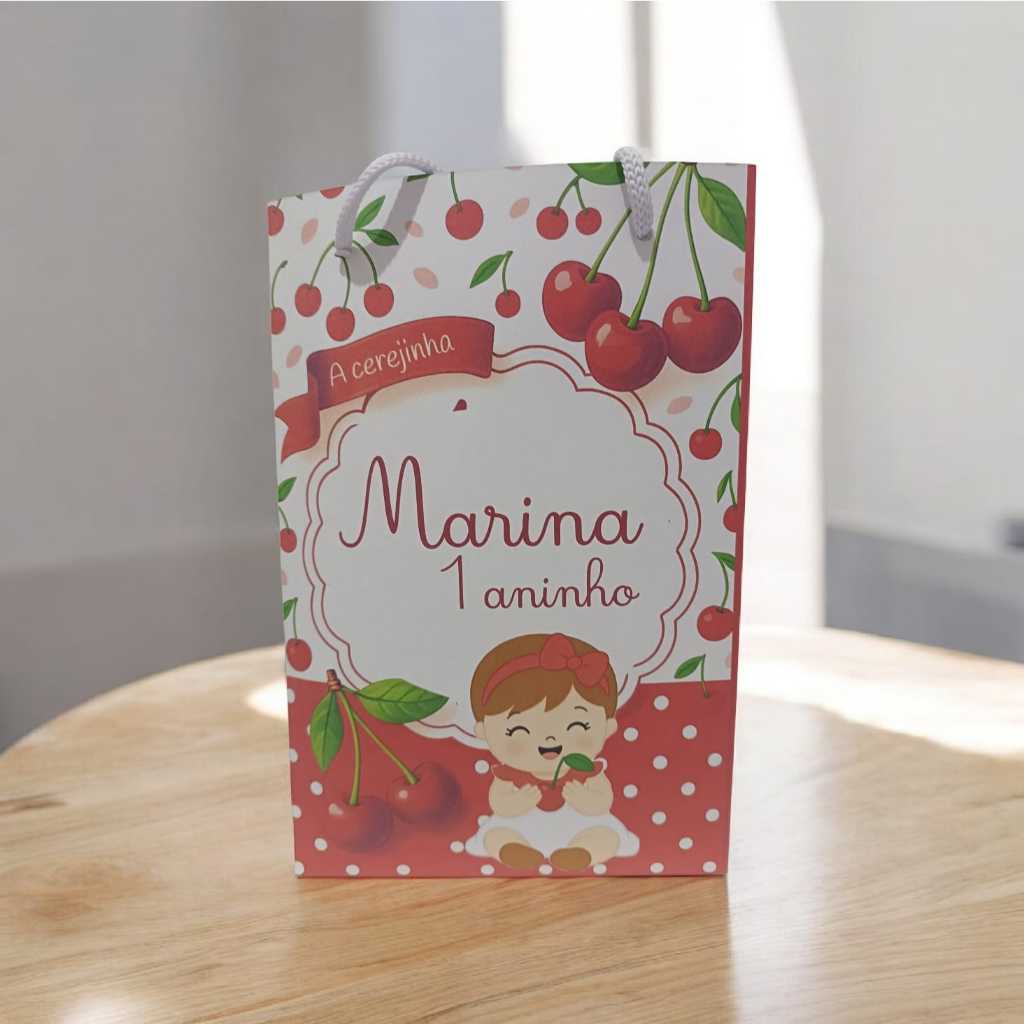 Sacolinha Personalizada com nome e idade (cabe Pipoca)  Cerejinha Vermelha Surpresa   Festa Aniversário Lembrancinhas