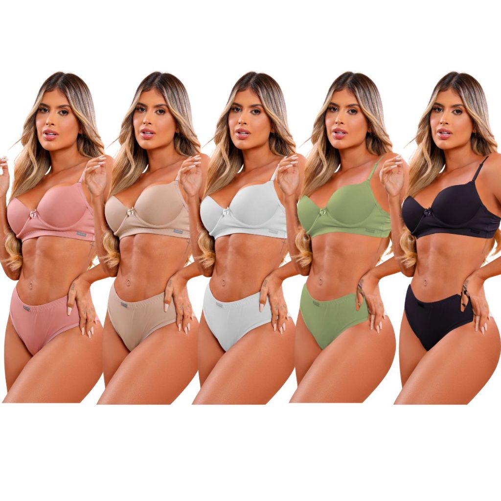 Kit 5 Lingerie Feminina Completa Sutiã Bojo Aro e Calcinha Cintura Alta Confort em Oferta na Shopee