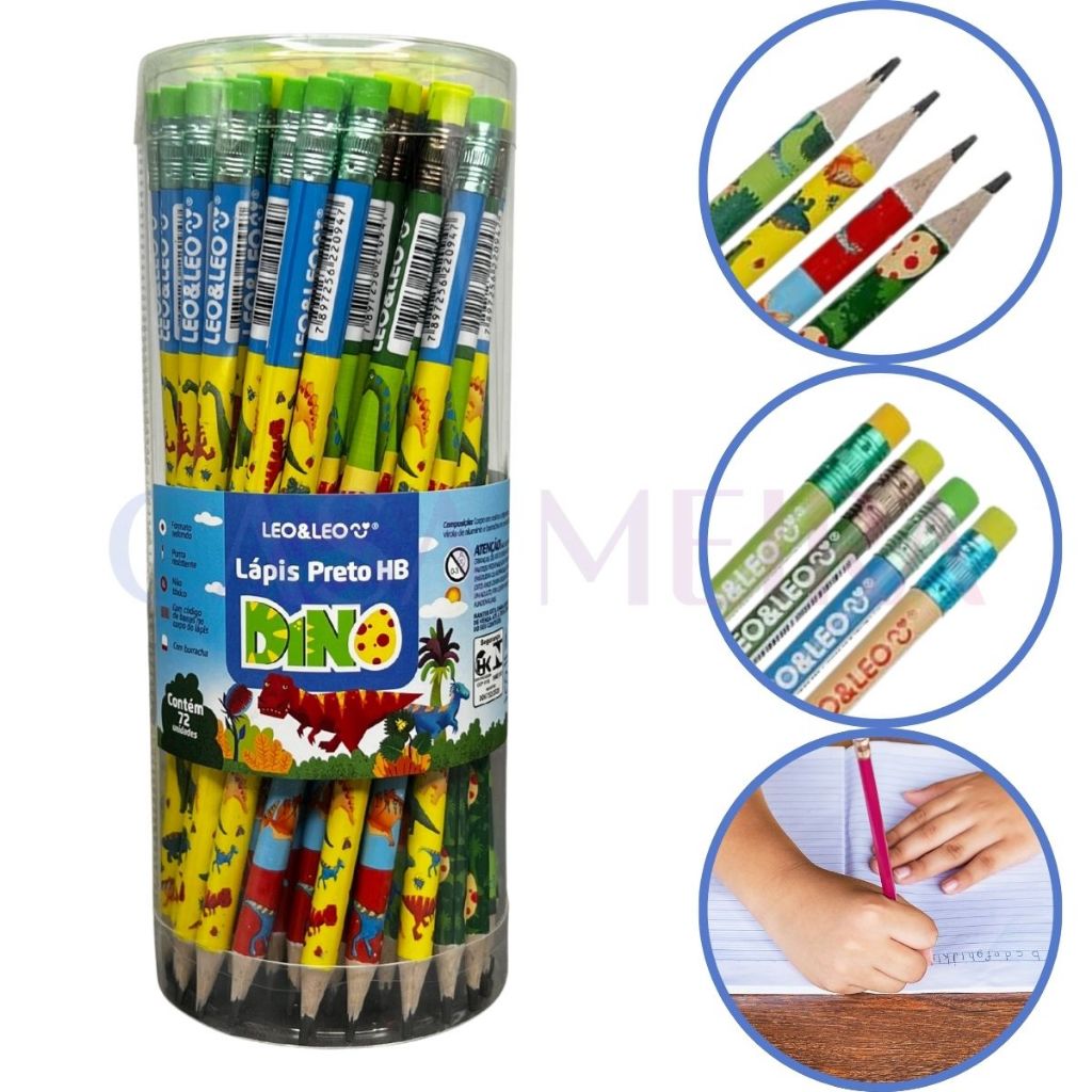 Pote 72 Lápis De Escrever Dino Hb C/ Borracha Resina LeoeLeo Escolar Escritorio Atacado Personagens em Oferta na Shopee