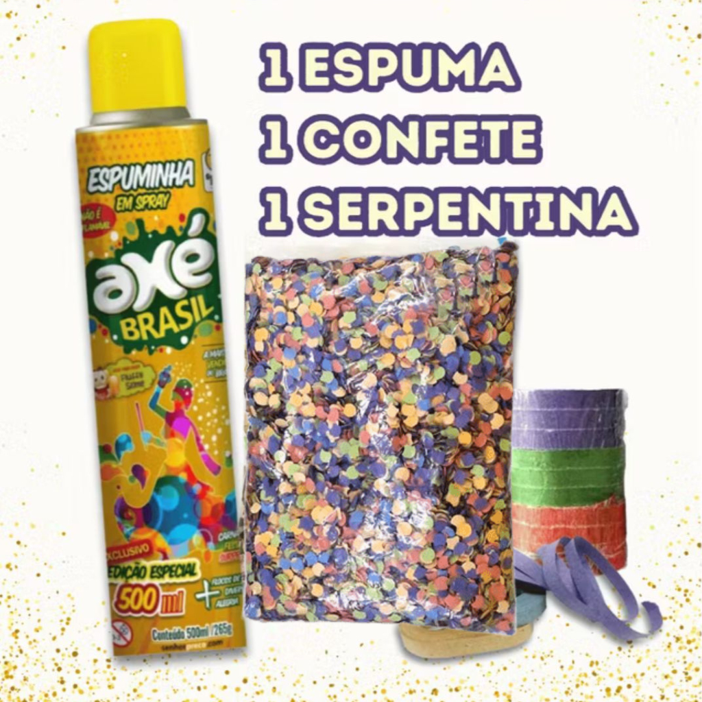 Kit Carnaval: Espuma 500ml + 1 Saco De Confete + 1 Serpentina