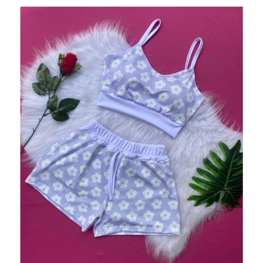 Conjunto feminino carnaval folia shorts e cropped com bojo várias estampas coloridas