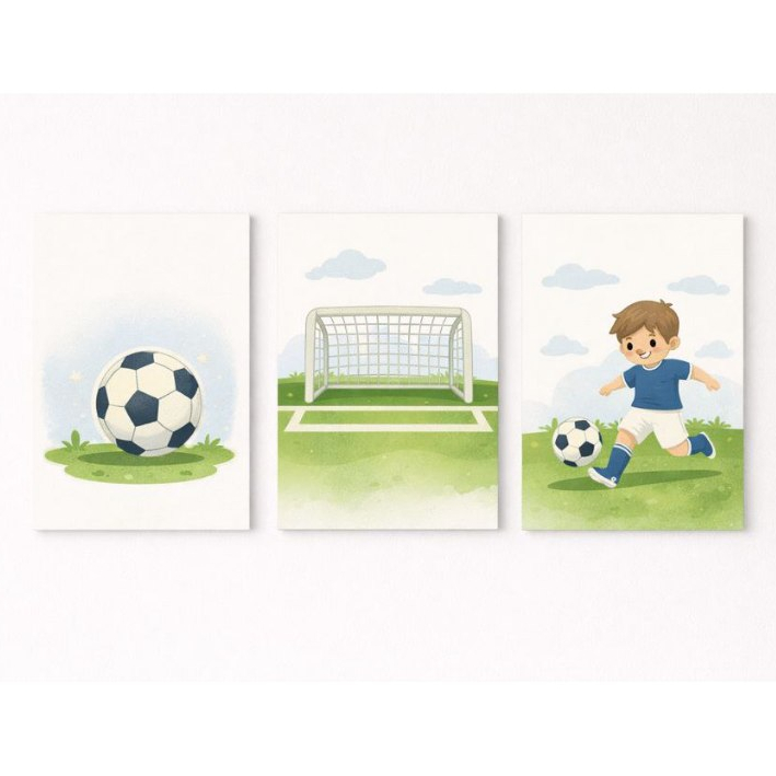 Kit Quadros Decorativos Mosaico 3 Peças Infantil Futebol Bola Gol Campo Soccer Jogo Aquarela Menino
