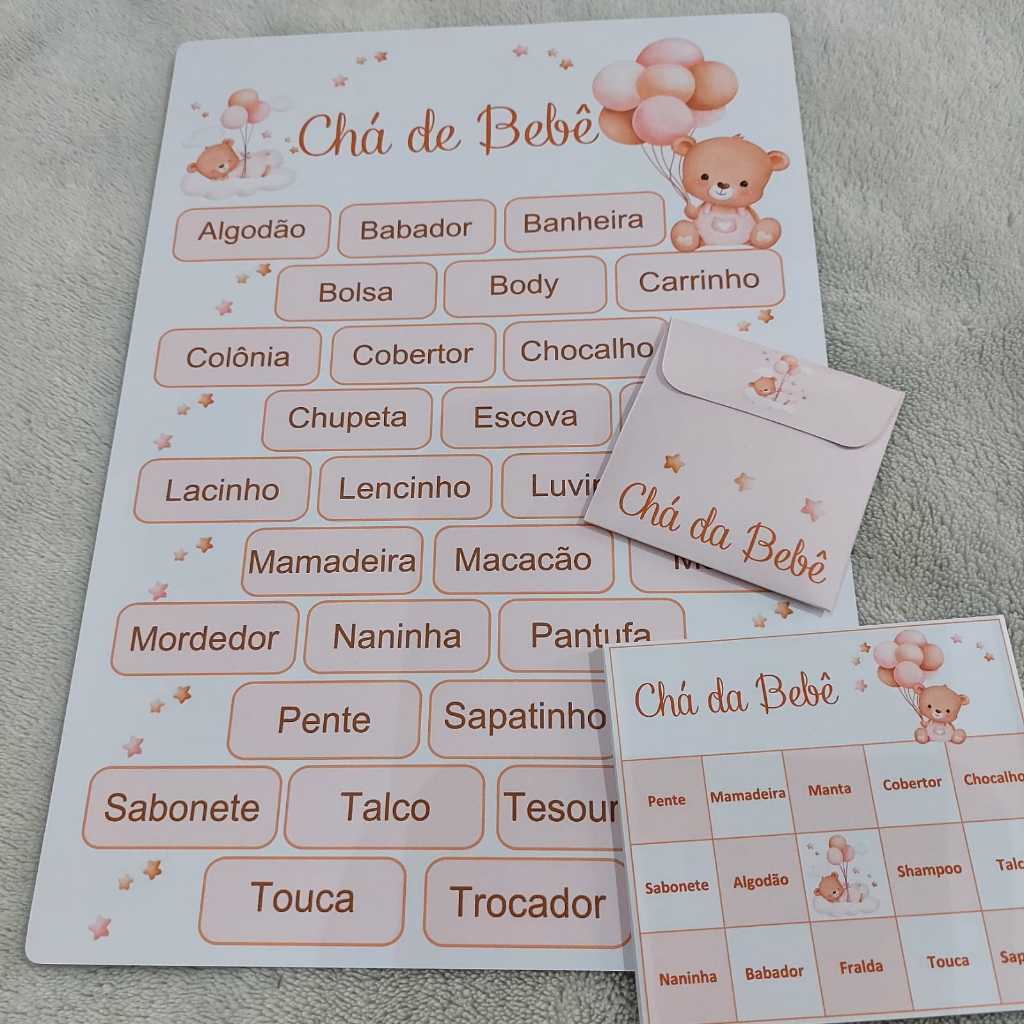 Kit Bingo Chá de Bebê - Ursinha Balões (rosa com marrom) em Oferta na Shopee