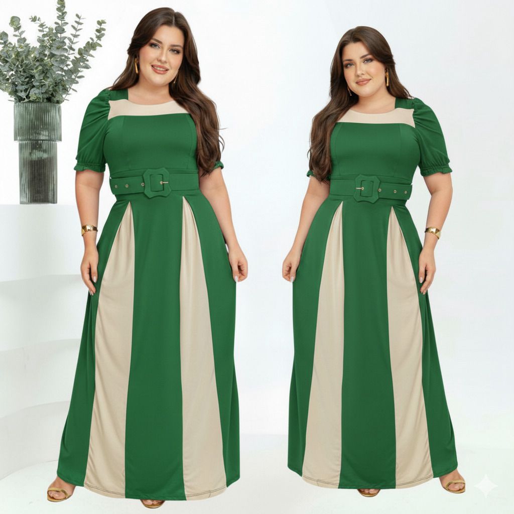 Vestido Feminino Longo Social Manga Estilosa Moda Evangélica Plus Size Congresso Bicolor Com Cinto em Oferta na Shopee