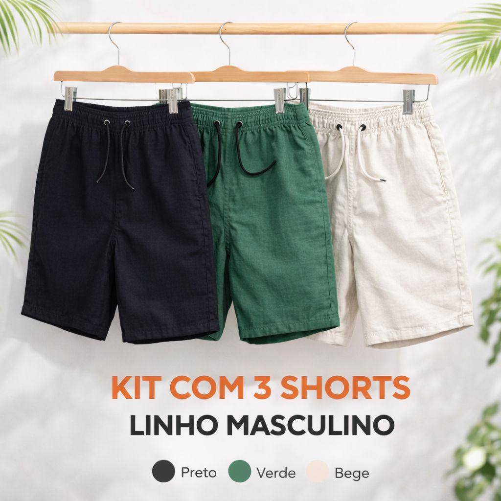 Kit 3 Shorts De Linho Masculino - Estilo e Conforto Para Seu Dia a Dia em Oferta na Shopee