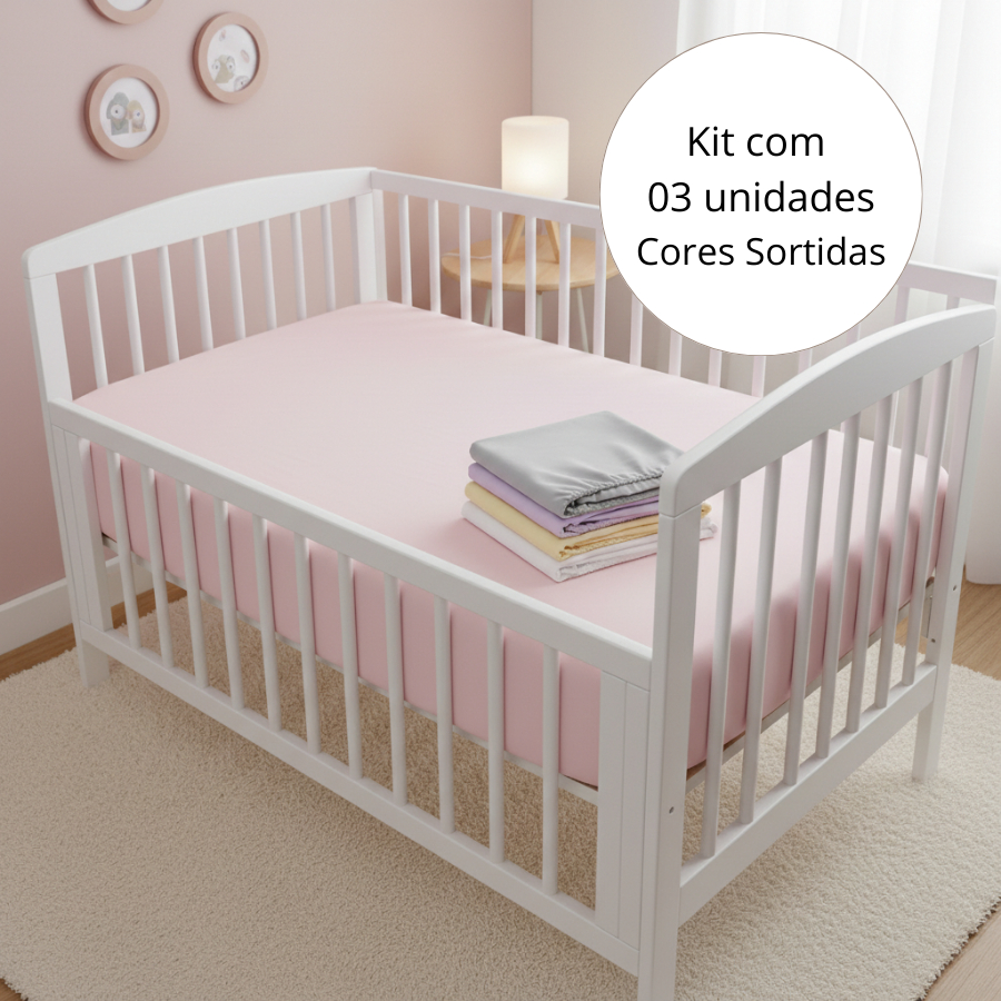Kit 03 und Lençol Com Elástico Percal 130x70cm Berço de Bebê Americano ou Nacional