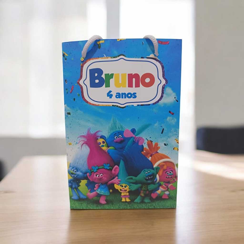 Sacolinha Personalizada com nome e idade (cabe Pipoca) Trolls Menino Festa Aniversário Lembrancinhas
