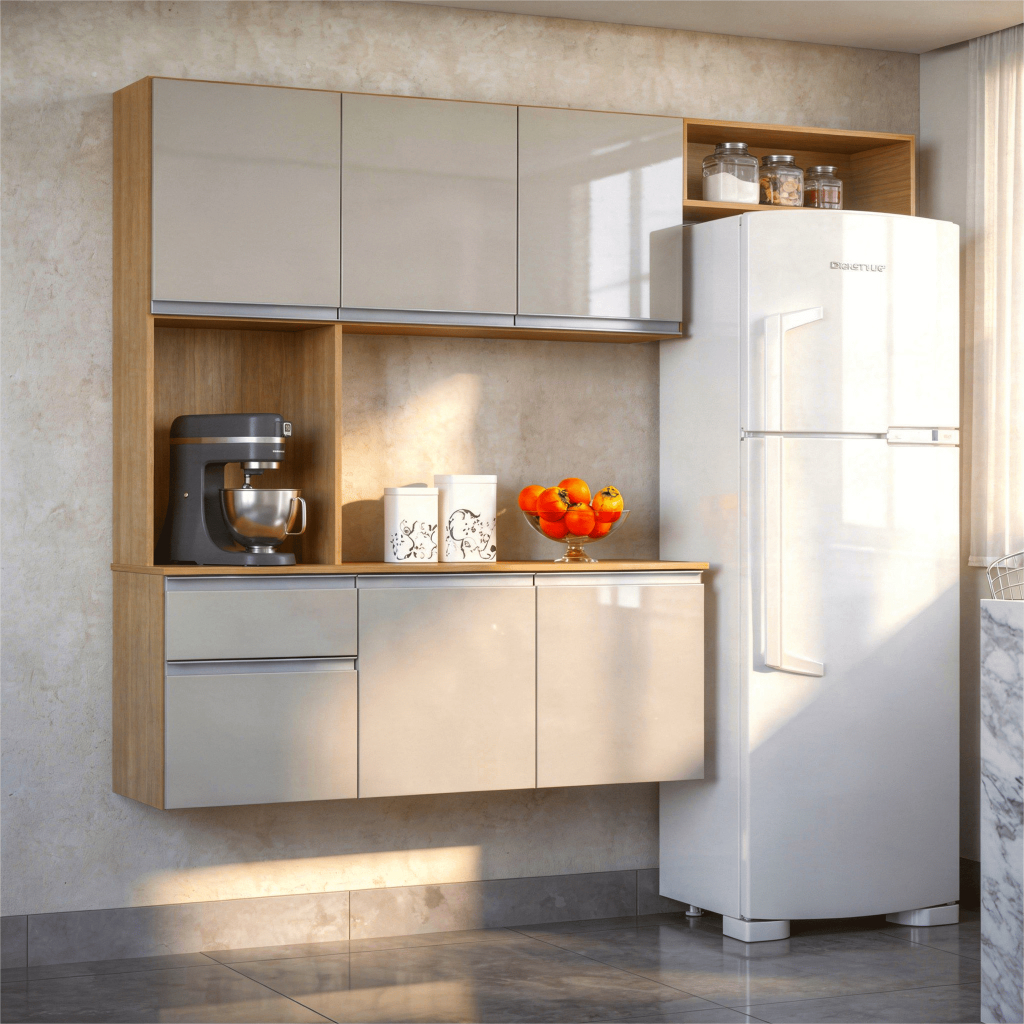 Armário para Cozinha Compacto Mel com 180Cm e Balcão  Suspenso - cor: Damasco Off White - Poquema Móveis