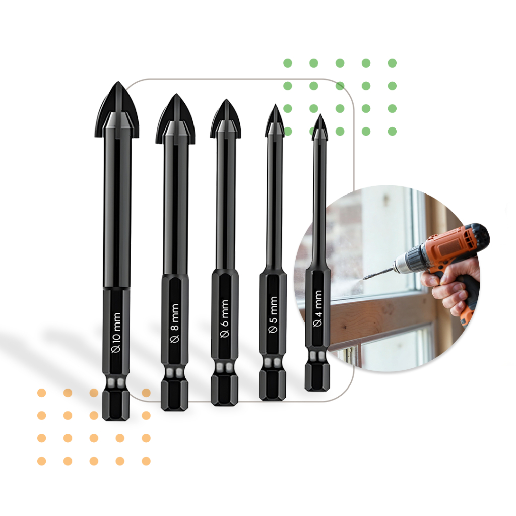 Kit Jogo Broca 5 peças Universal Fura Tudo Vidro Madeira Mármore Granito Concreto Cerâmica Metal Hexagonais Cruzadas