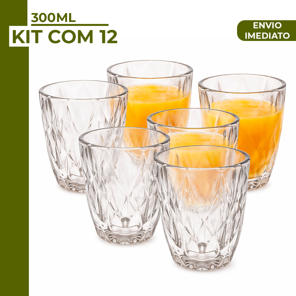 Jogo 6 Copos Baixos Diamond 300ml Vidro Grosso Diamante Luxo em Oferta na Shopee