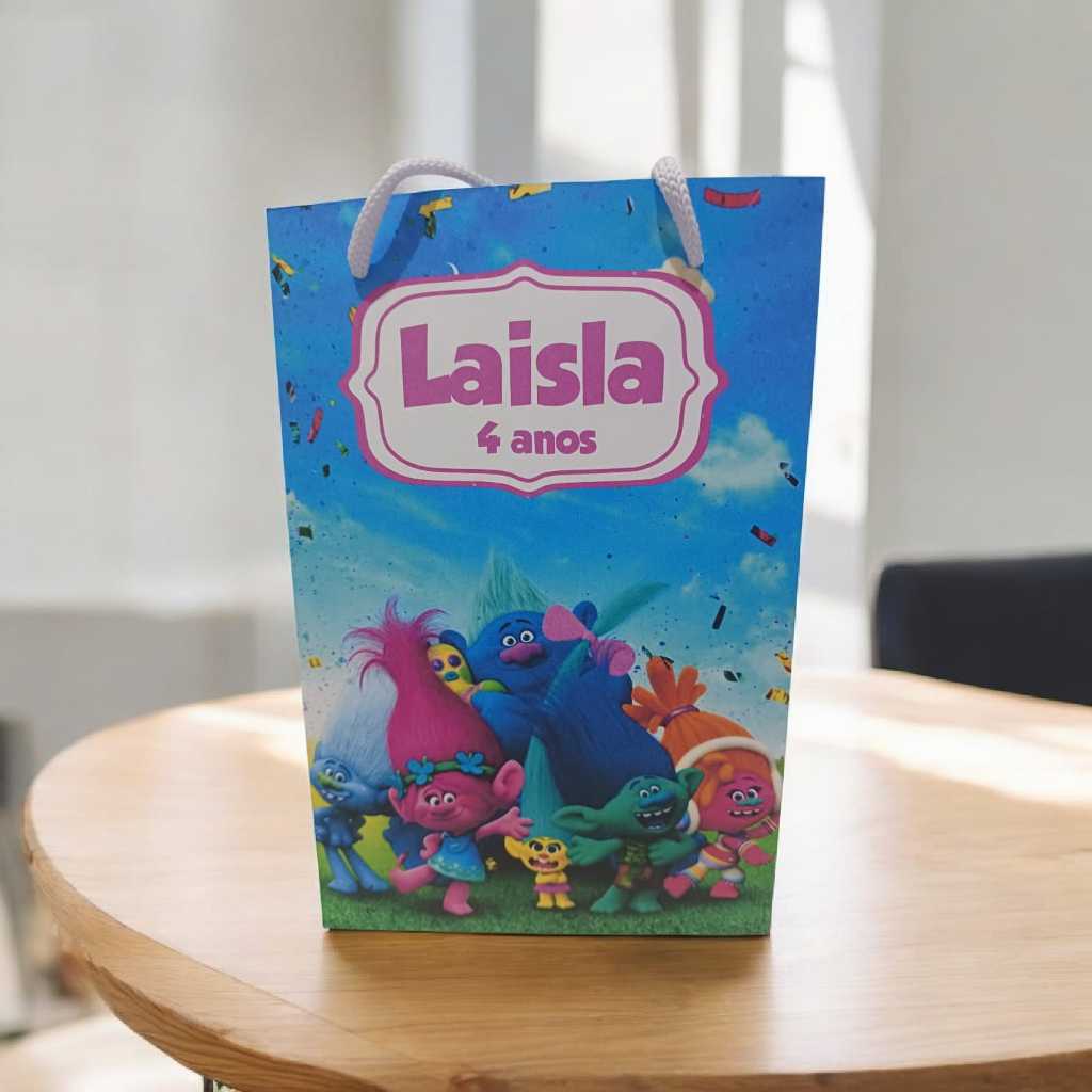 Sacolinha Personalizada com nome e idade (cabe Pipoca) Trolls Menina Festa Aniversário Lembrancinhas