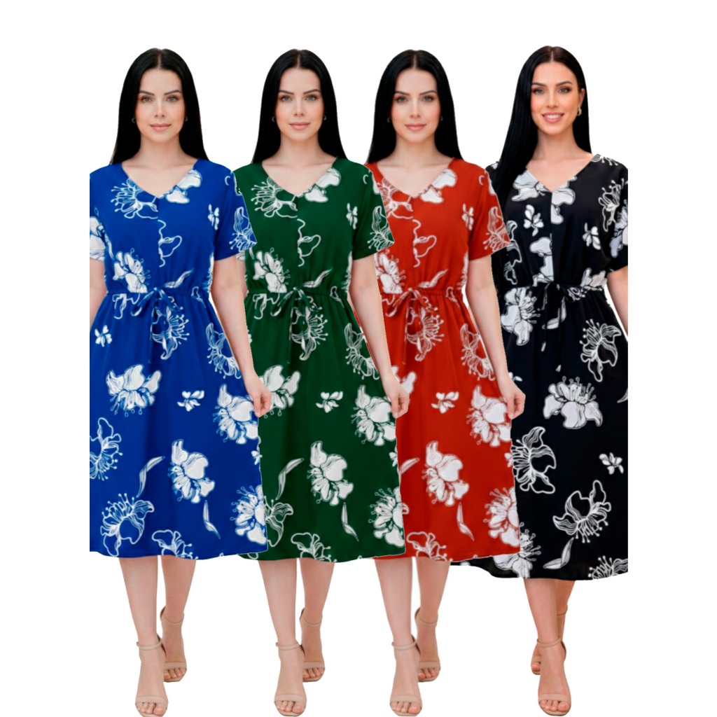 Vestido Midi Crepinho Estampado Amplo Moda Evangélica Veste 40 ao 46 Com Lastex que Ajusta em Oferta na Shopee