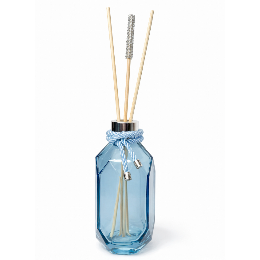 Vidro Difusor Aromas Luxo Azul 230ml com Tampa Prata e Varetas Decorativas