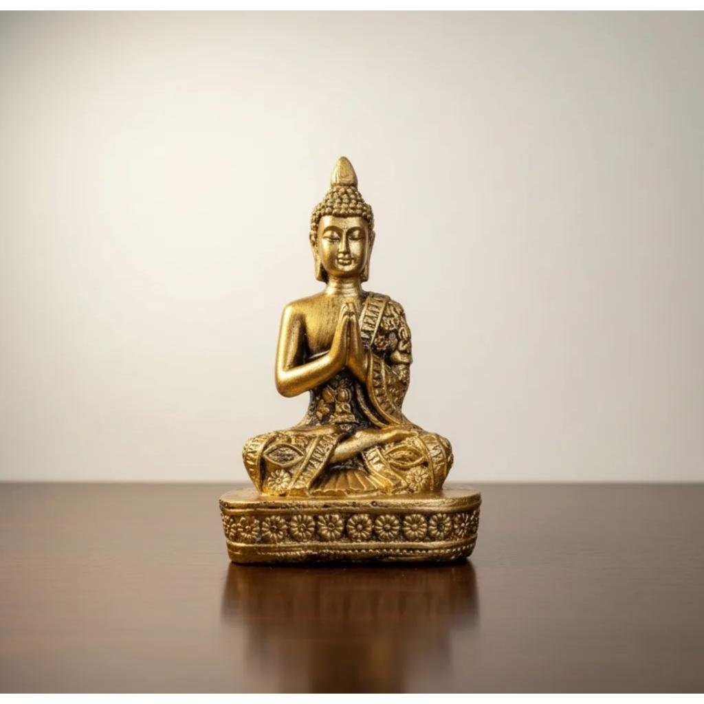 Imagem Estátua Buda Hindu meditando dourado em gesso presente decoração