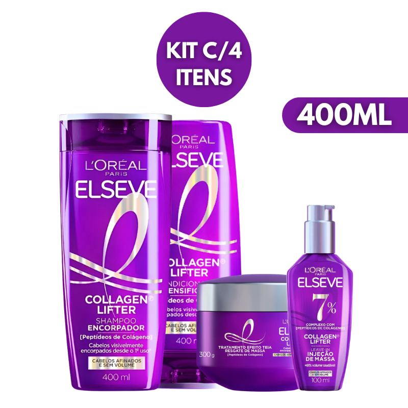Kit Elseve C/4 Itens [Sh 400mL + Cond 400mL + Leave-In 100mL + Máscara 300g] Collagen Lifter