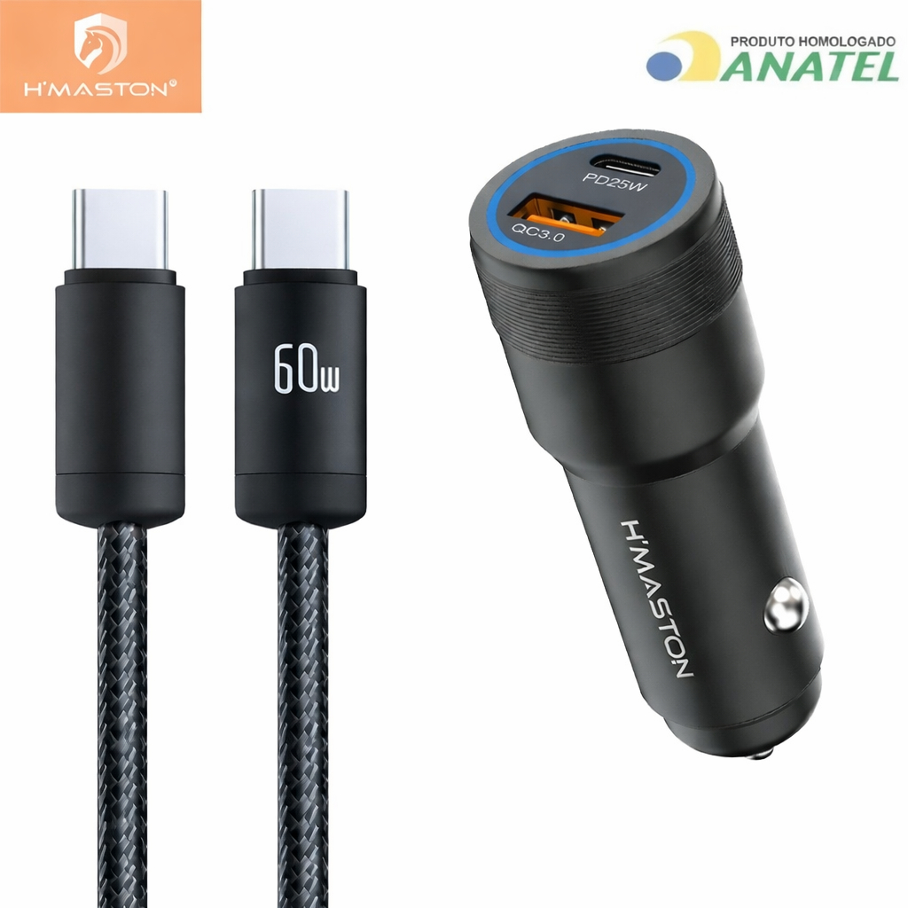 Carregador Veicular Turbo 45W USB + TIPO C Para Android e iPhone Com Cabo Tipo C Incluso em Oferta na Shopee